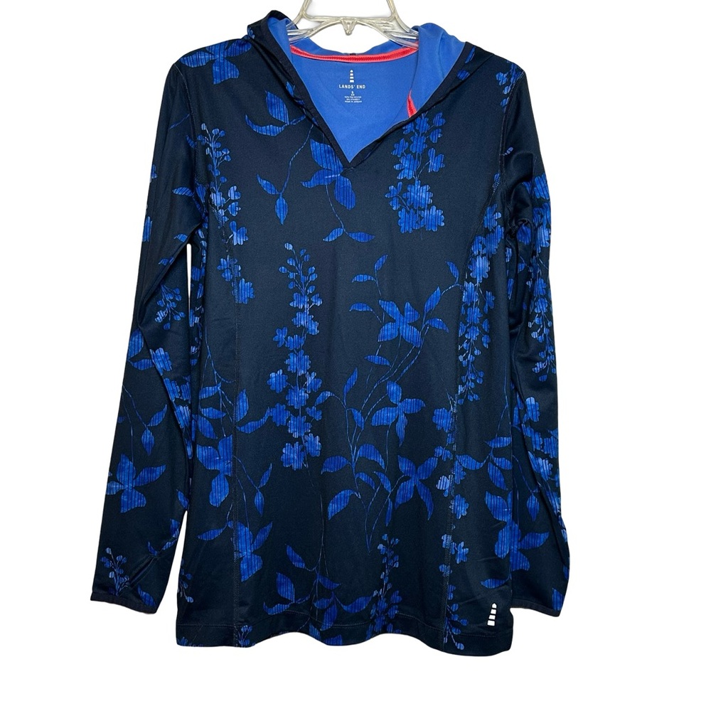 Lands End Blue Tonal Floral Athletic Long Sleeve Hoodie Pullover Size Small